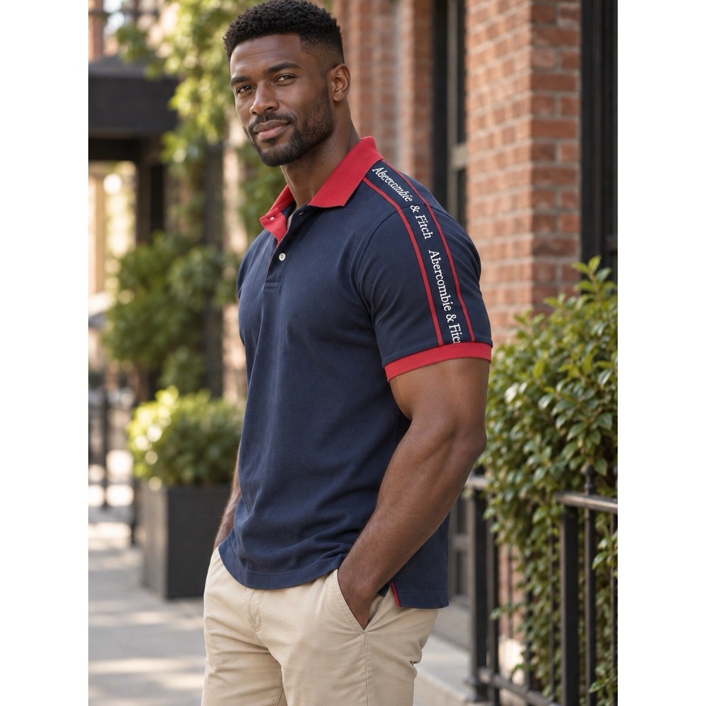 Abercrombie & Fitch Polo Shirt Mens M Navy Red Logo Tape Short Sleeve Preppy